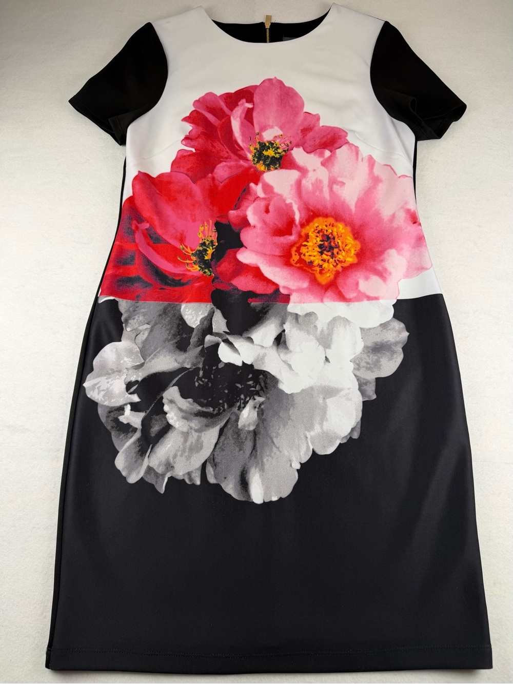 Vince Camuto Floral Sheath Dress Black White Pink Scuba Size 10